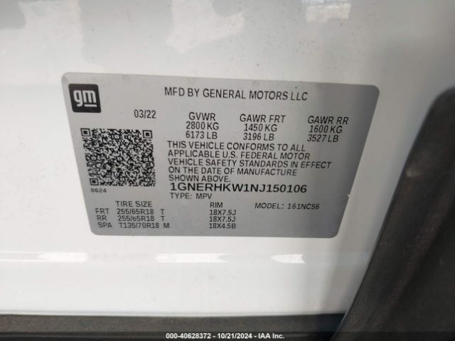 1GNERHKW1NJ150106 Chevrolet Traverse Fwd Lt Leather