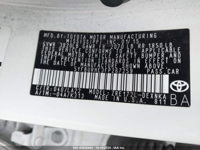 5YFBURHE3FP267259 Toyota Corolla Le Premium