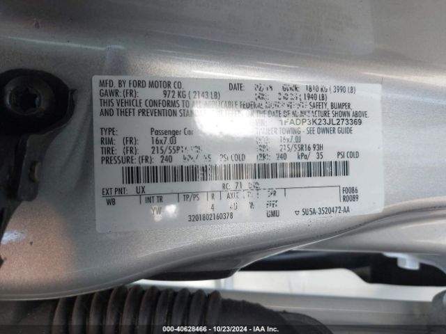 1FADP3K23JL273369 Ford FOCUS SE