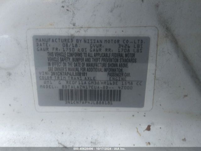3N1CN7AP4JL888181 Nissan Versa 1.6 S+