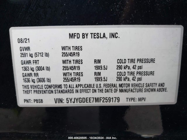 2021 TESLA MODEL Y 5YJYGDEE7MF259179 Photo 8