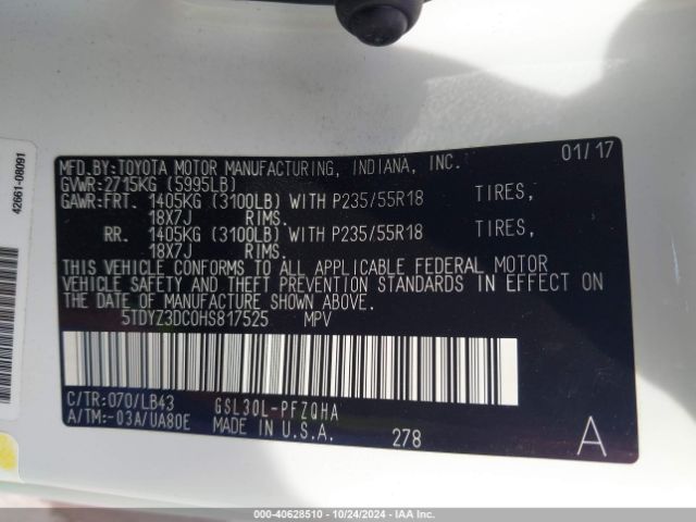 5TDYZ3DC0HS817525 Toyota Sienna Limited Premium 7 Passenger
