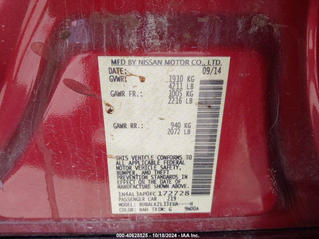 Nissan Altima 2.5 Sv 2015 1N4AL3AP0FC172728 Image 9