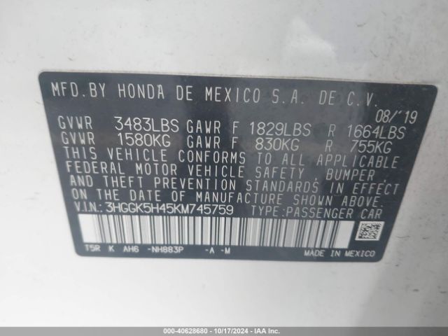 3HGGK5H45KM745759 Honda FIT LX