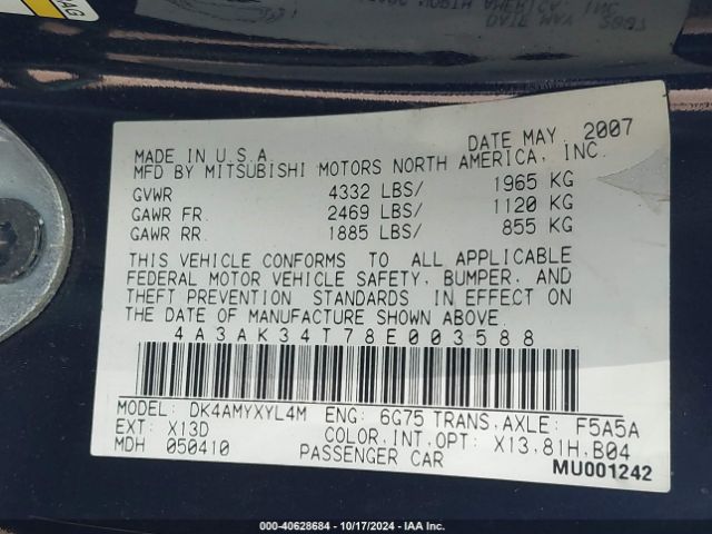 2008 MITSUBISHI ECLIPSE 4A3AK34T78E003588 Photo 8