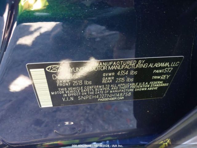 5NPEH4J27NH148758 Hyundai Sonata Limited