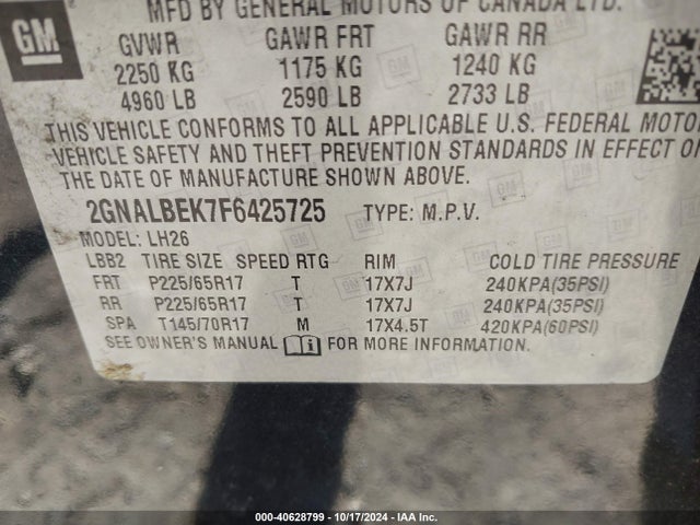Chevrolet EQUINOX 1LT 2015 2GNALBEK7F6425725 Image 9