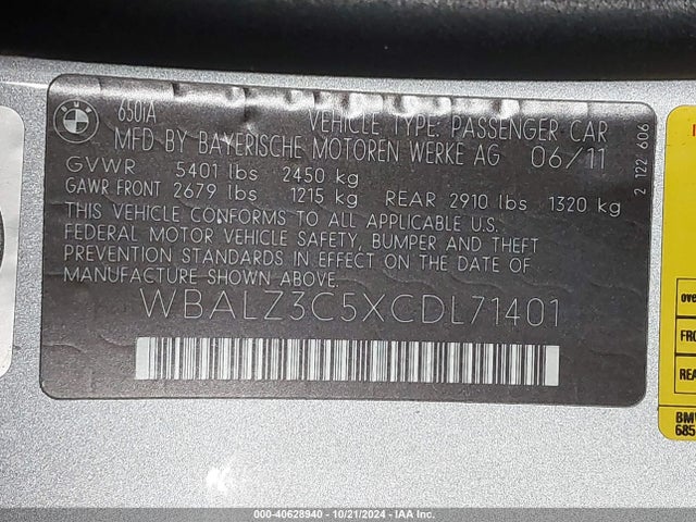 Aukcja sprzedaży 2012 Bmw 650i, vin: WBALZ3C5XCDL71401, numer aukcji: 40628940