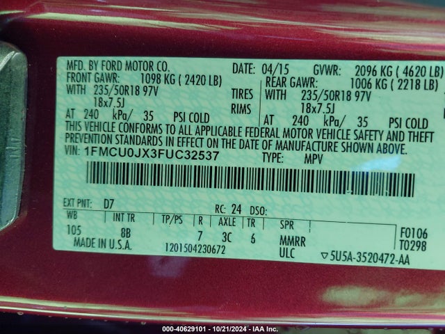 Ford Escape Titanium 2015 1FMCU0JX3FUC32537 Image 9