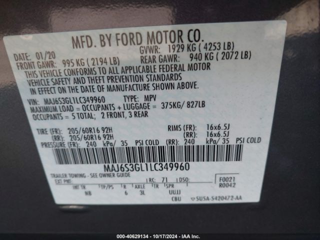 MAJ6S3GL1LC349960 Ford Ecosport Se