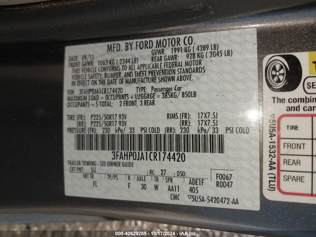 2012 Ford Fusion Sel მანქანა იყიდება აუქციონზე, vin: 3FAHP0JA1CR174420, აუქციონის ნომერი: 40629285