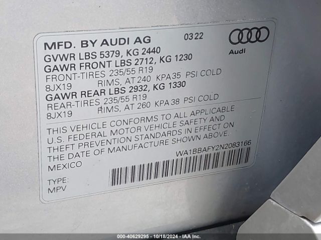 WA1BBAFY2N2083166 Audi Q5 Premium Plus 40 Tfsi Quattro S Tronic
