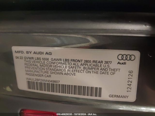 WAUL2BF2XNN049807 Audi A6 Sedan Premium Plus 55 Tfsi Quattro S Tronic