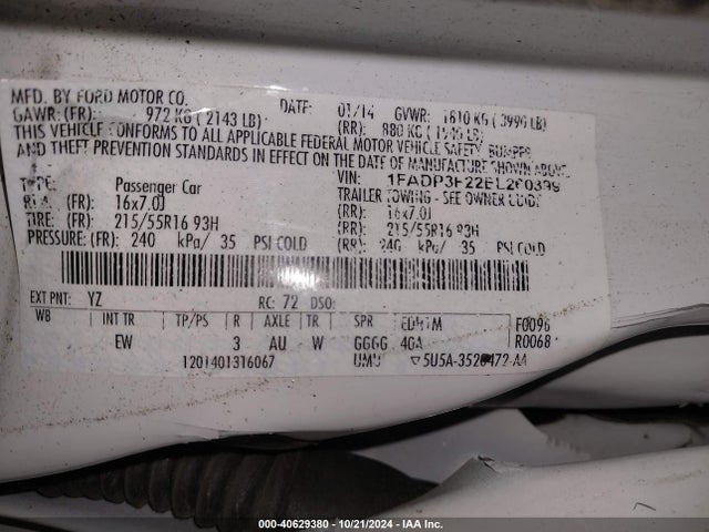 Ford FOCUS SE 2014 1FADP3F22EL260399 Image 9