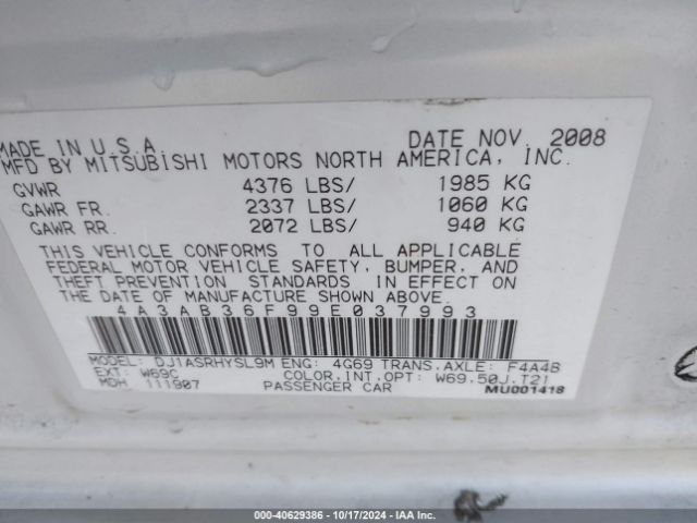 2009 MITSUBISHI GALANT 4A3AB36F99E037993 Photo 8