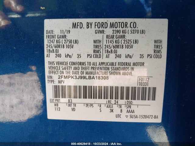 Ford EDGE SEL 2020 2FMPK3J99LBA18308 Image 9