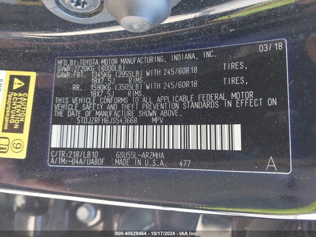Toyota Highlander Xle 2018 5TDJZRFH6JS543668 Image 9