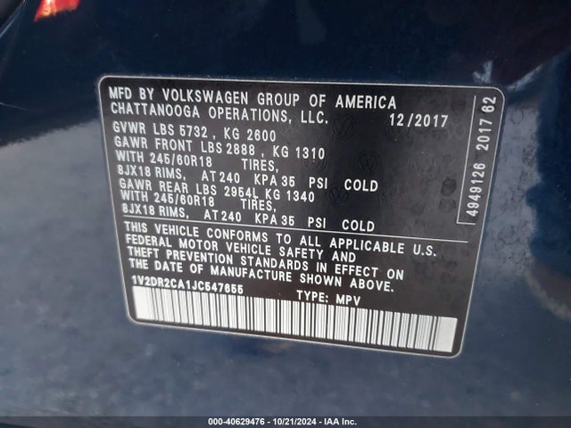 1V2DR2CA1JC547655 Volkswagen Atlas 3.6l V6 Se/3.6l V6 Se W/technology