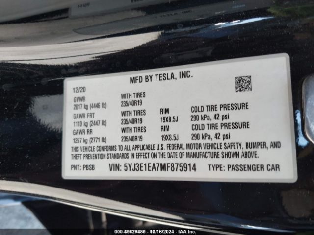 5YJ3E1EA7MF875914 Tesla Model 3 Standard Range Plus Rear-wheel Drive