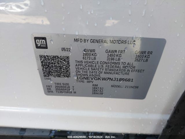 1GNEVGKW2NJ189681 Chevrolet Traverse Awd Lt Cloth