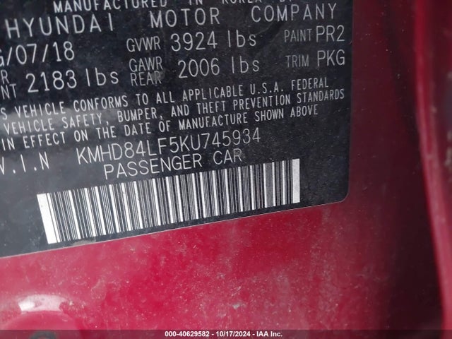 Hyundai ELANTRA SEL 2019 KMHD84LF5KU745934 Image 9