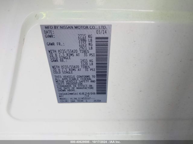 5N1AR2MM5EC682698 Nissan Pathfinder Platinum