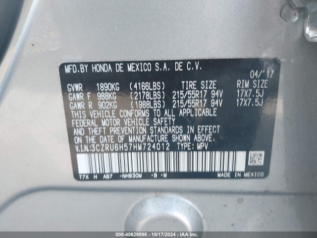 Honda HR-V EX 2017 3CZRU6H57HM724012 Image 9