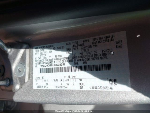 1FMCU9G99HUC38259 Ford ESCAPE SE