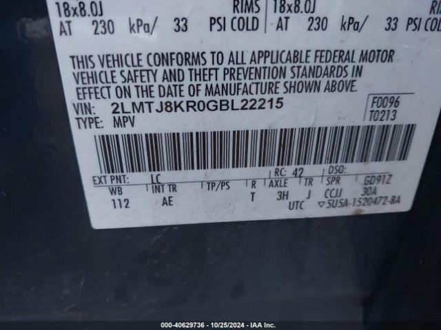 2LMTJ8KR0GBL22215 Lincoln Mkx Select