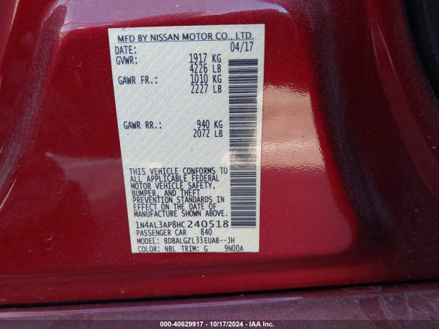 Nissan Altima 2.5 S 2017 1N4AL3AP8HC240518 Image 9