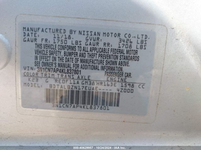 3N1CN7AP4KL837801 Nissan Versa 1.6 Sv
