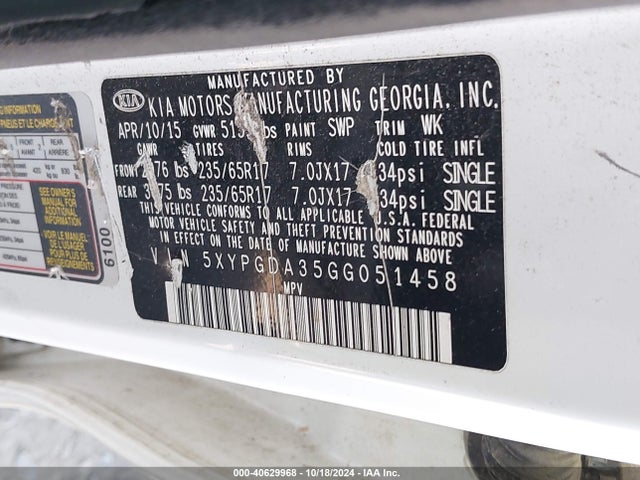 5XYPGDA35GG051458 KIA Sorento 2.4l Lx