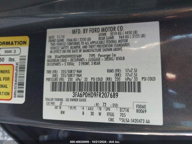 Ford FUSION SE 2015 3FA6P0HD9FR207689 Image 9