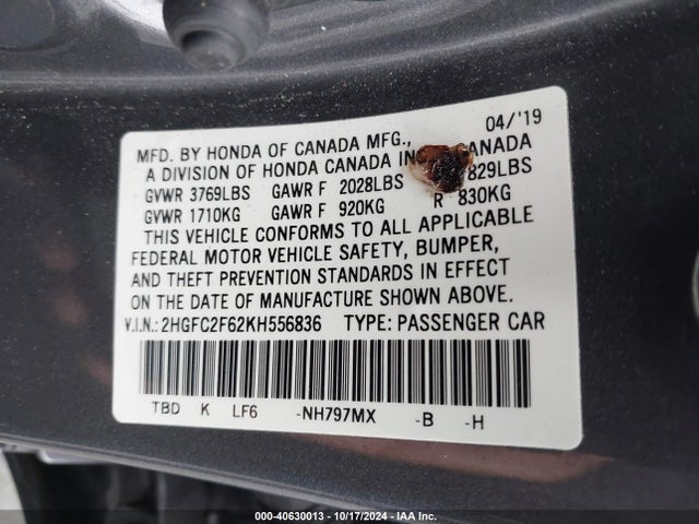 2HGFC2F62KH556836 Honda Civic Lx