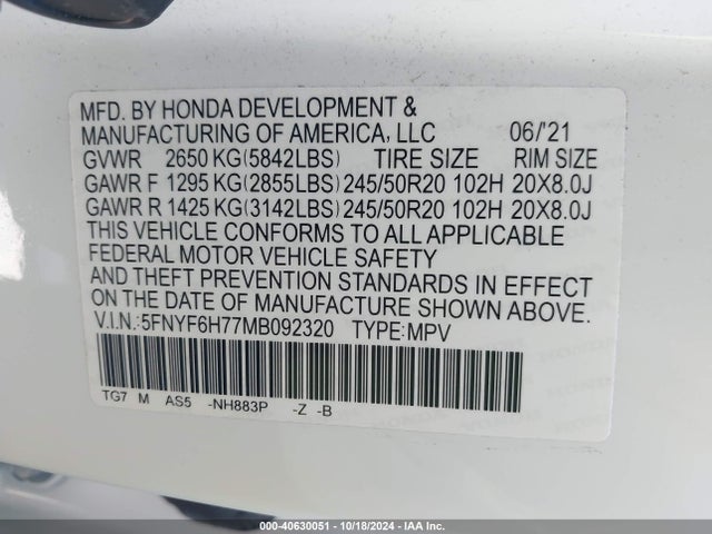 5FNYF6H77MB092320 Honda Pilot Awd Black Edition