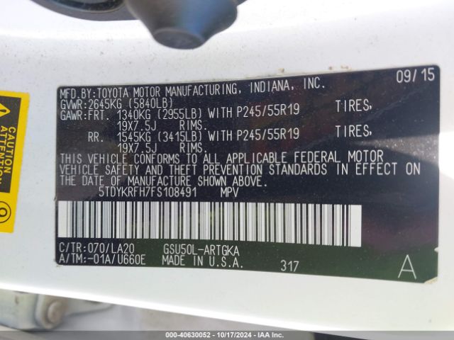 5TDYKRFH7FS108491 Toyota Highlander Limited V6