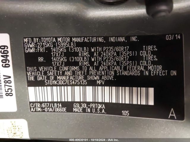 5TDYK3DC7ES475135 Toyota Sienna Xle/limited