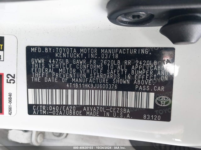 Toyota CAMRY SE 2018 4T1B11HK9JU600376 Image 9