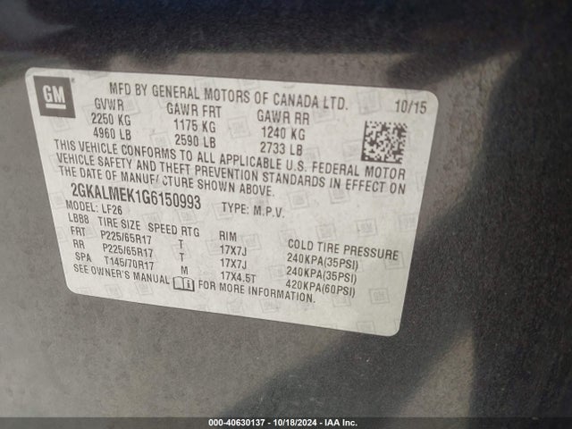 GMC Terrain Sle-1 2016 2GKALMEK1G6150993 Image 9