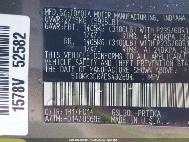 5TDKK3DC7ES432694 Toyota Sienna Le V6 8 Passenger