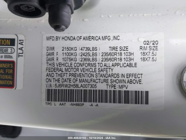 5J6RW2H58LA007305 Honda Cr-v Awd Ex