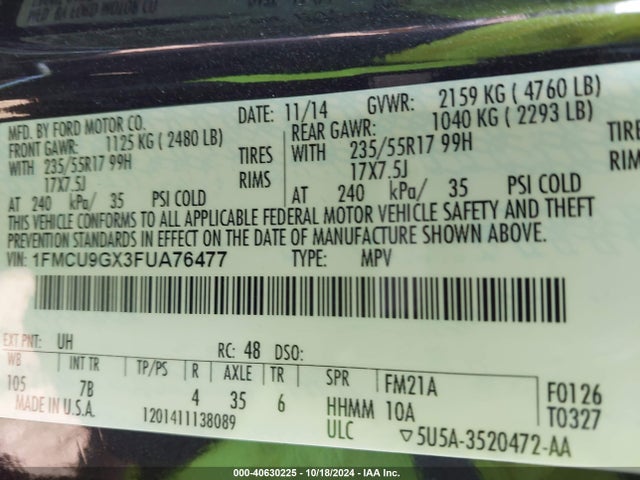 Ford ESCAPE SE 2015 1FMCU9GX3FUA76477 Image 9
