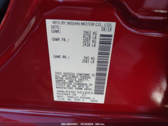 Nissan Altima 2.5 Sr 2019 1N4BL4CV3KC101605 Image 9