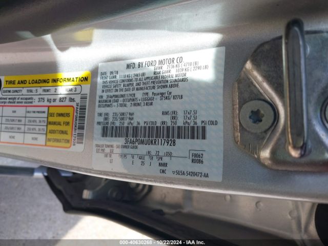 3FA6P0MU0KR117928 Ford Fusion Hybrid Sel