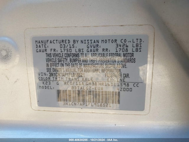 Nissan Versa 1.6 Sl 2015 3N1CN7AP1FL918521 Image 9