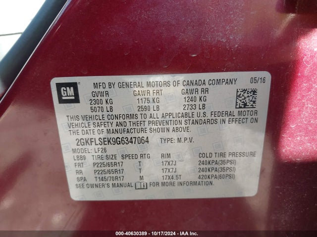 GMC Terrain Sle-1 2016 2GKFLSEK9G6347064 Image 9