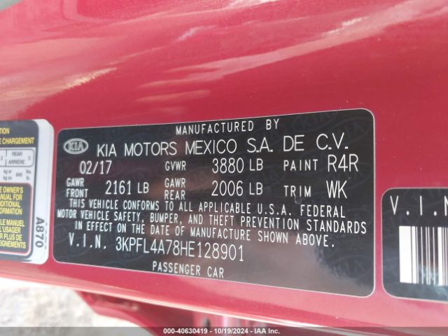 3KPFL4A78HE128901 KIA FORTE S