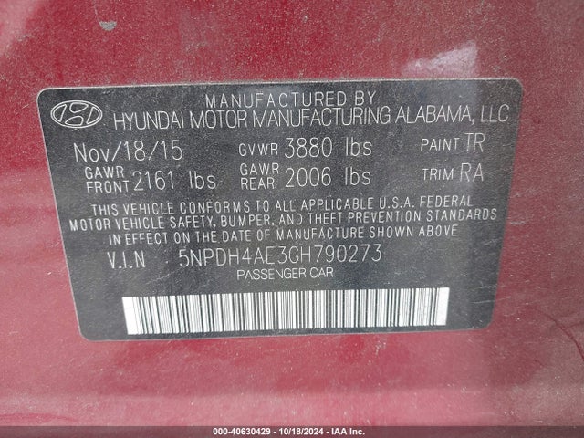 Hyundai ELANTRA SE 2016 5NPDH4AE3GH790273 Image 9