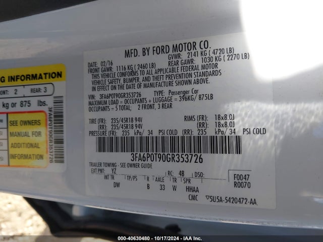 Ford FUSION SE 2016 3FA6P0T90GR353726 Image 9