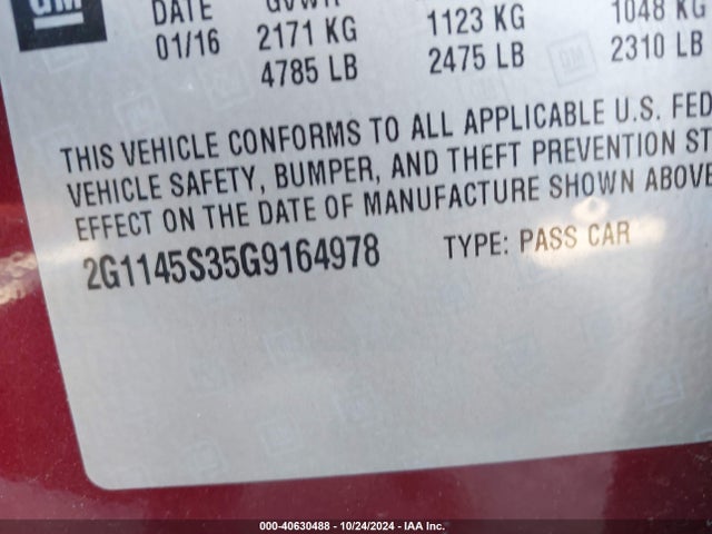 Chevrolet IMPALA 2LZ 2016 2G1145S35G9164978 Image 9